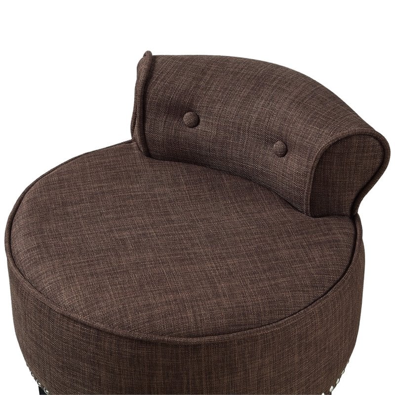 Posh Alena Tufted Linen Fabric Vanity Stool with Nailhead Trim in Brown