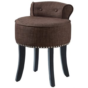 Posh Alena Tufted Linen Fabric Vanity Stool with Nailhead Trim in Brown