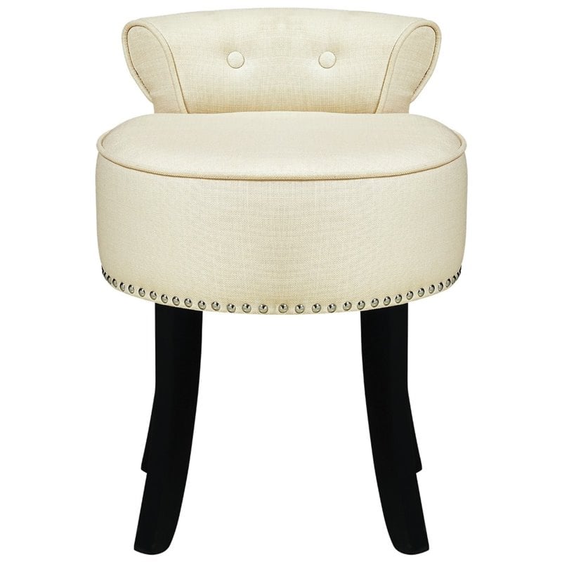 Posh Alena Tufted Linen Fabric Vanity Stool with Nailhead Trim in Cream/White