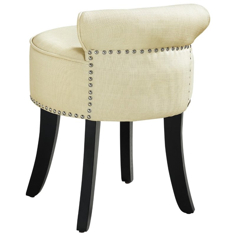 Posh Alena Tufted Linen Fabric Vanity Stool with Nailhead Trim in Cream/White