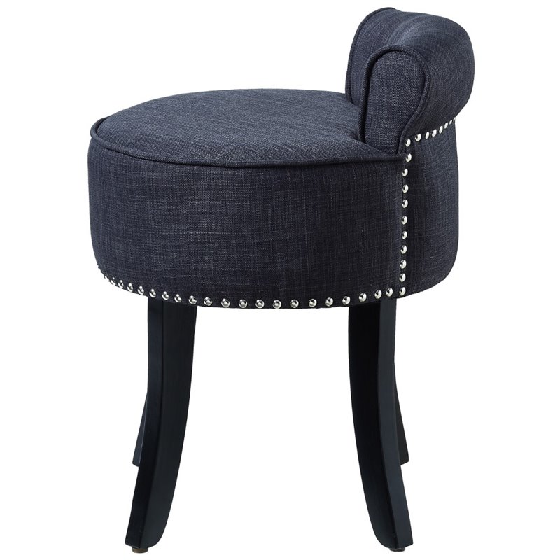Posh Alena Tufted Linen Fabric Vanity Stool with Nailhead Trim in Dark Gray