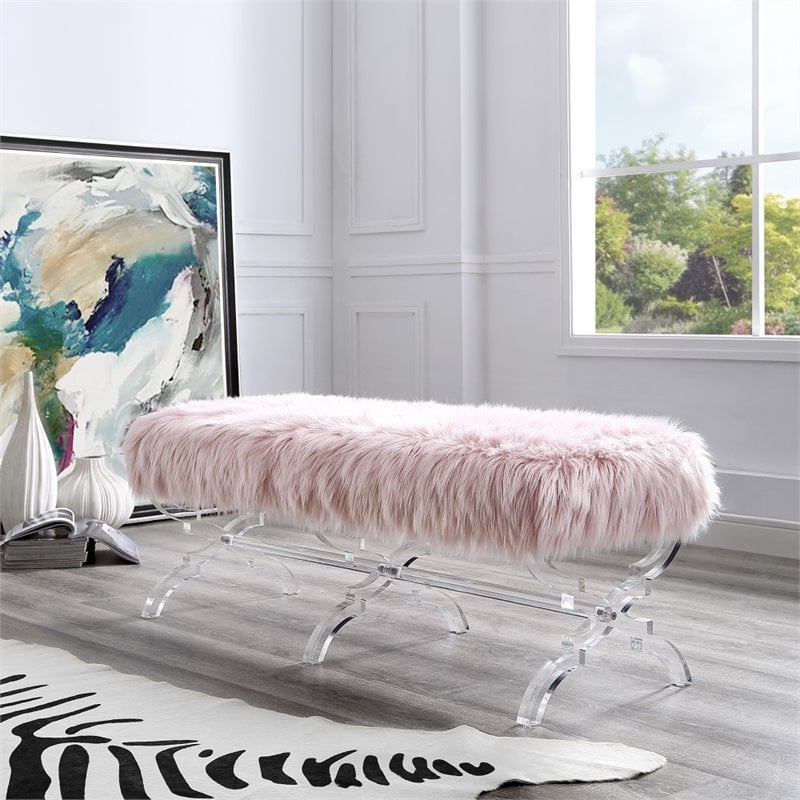 Posh Living Brayden Faux Fur Fabric Upholstered Bench with Acrylic X-Legs Pink