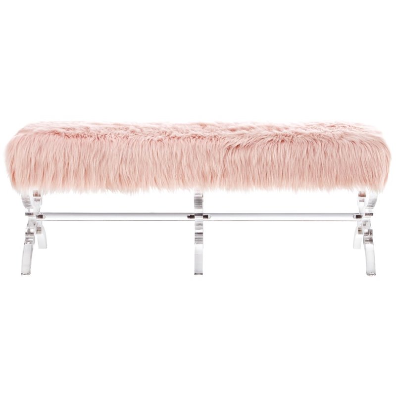 Posh Living Brayden Faux Fur Fabric Upholstered Bench with Acrylic X-Legs Pink
