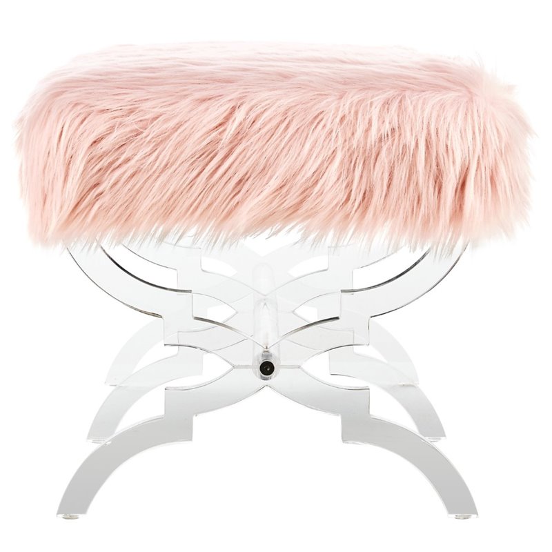 Posh Living Brayden Faux Fur Fabric Upholstered Bench with Acrylic X-Legs Pink