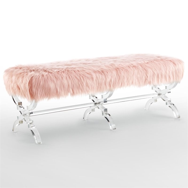 Posh Living Brayden Faux Fur Fabric Upholstered Bench with Acrylic X-Legs Pink