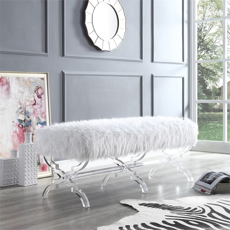 Posh Living Brayden Faux Fur Fabric Upholstered Bench with Acrylic X-Legs  Cream