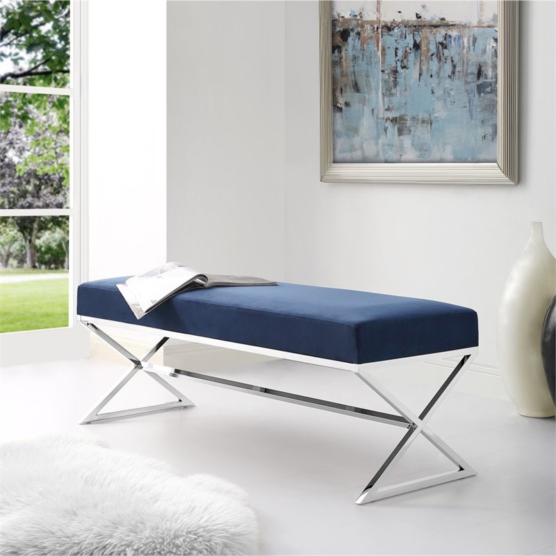 Posh Living Colin Velvet Upholstered Bench with Stainless Steel Legs Blue/Chrome