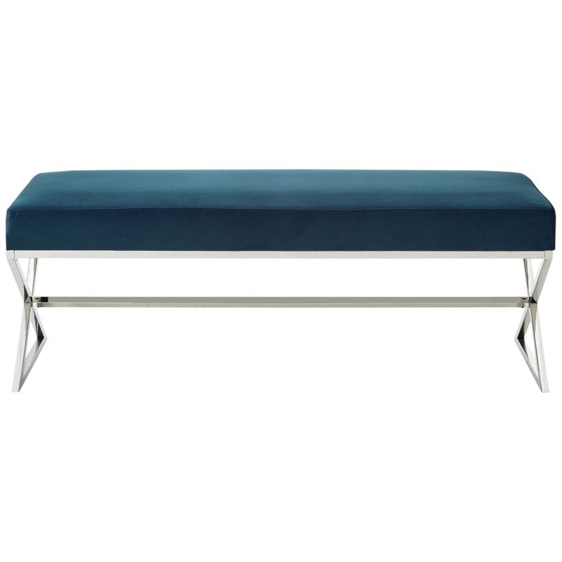 Posh Living Colin Velvet Upholstered Bench with Stainless Steel Legs Blue/Chrome