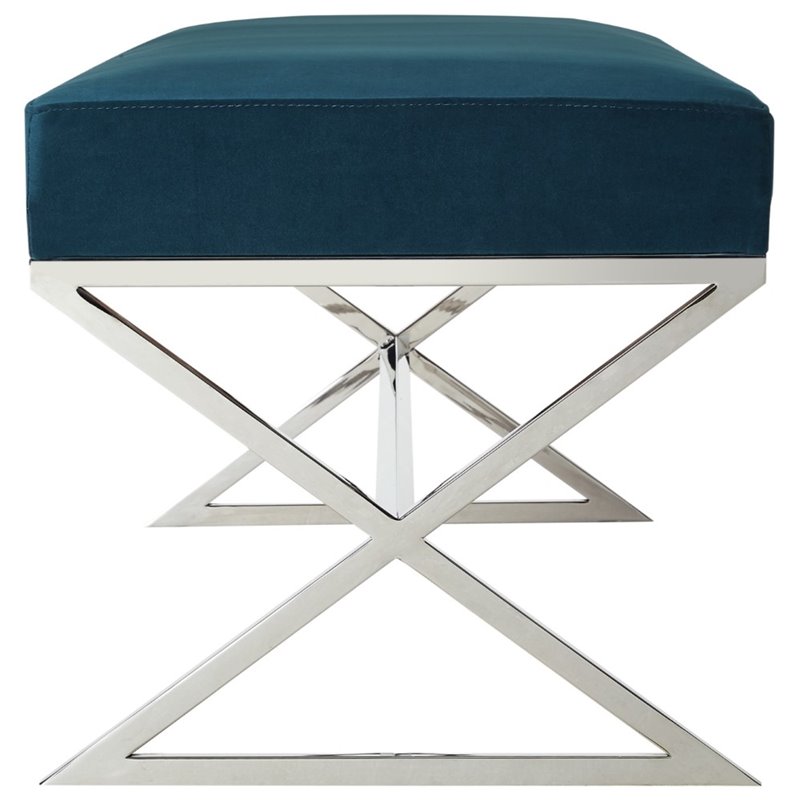Posh Living Colin Velvet Upholstered Bench with Stainless Steel Legs Blue/Chrome