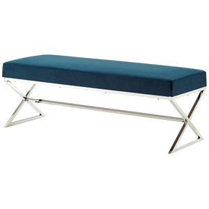 Posh Living Colin Velvet Upholstered Bench with Stainless Steel Legs Blue/Chrome
