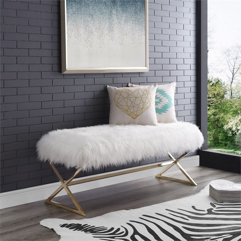 Posh Colin Fur Fabric Upholstered Bench with Stainless Steel Legs - White/Gold