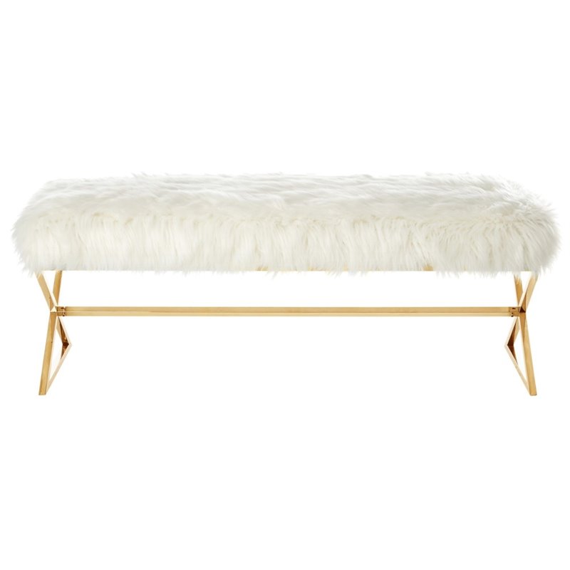 Posh Colin Fur Fabric Upholstered Bench with Stainless Steel Legs - White/Gold