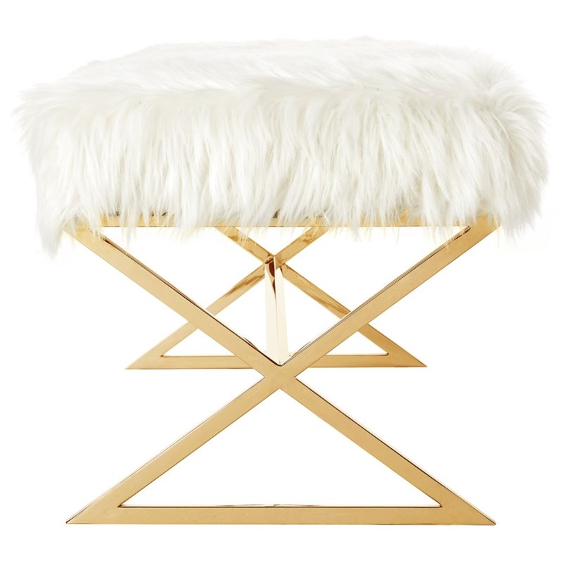 Posh Colin Fur Fabric Upholstered Bench with Stainless Steel Legs - White/Gold