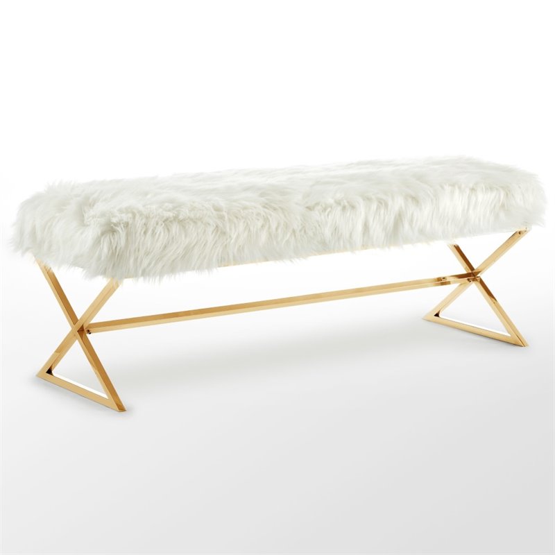 Posh Colin Fur Fabric Upholstered Bench with Stainless Steel Legs - White/Gold