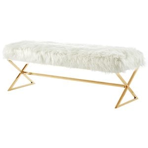 Posh Colin Fur Fabric Upholstered Bench with Stainless Steel Legs - White/Gold