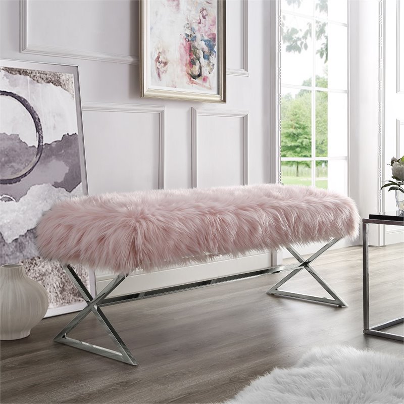 Posh Colin Fur Fabric Upholstered Bench with Stainless Steel Legs - Pink/Chrome