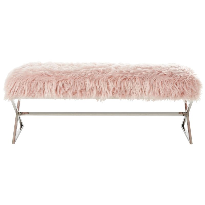 Posh Colin Fur Fabric Upholstered Bench with Stainless Steel Legs - Pink/Chrome