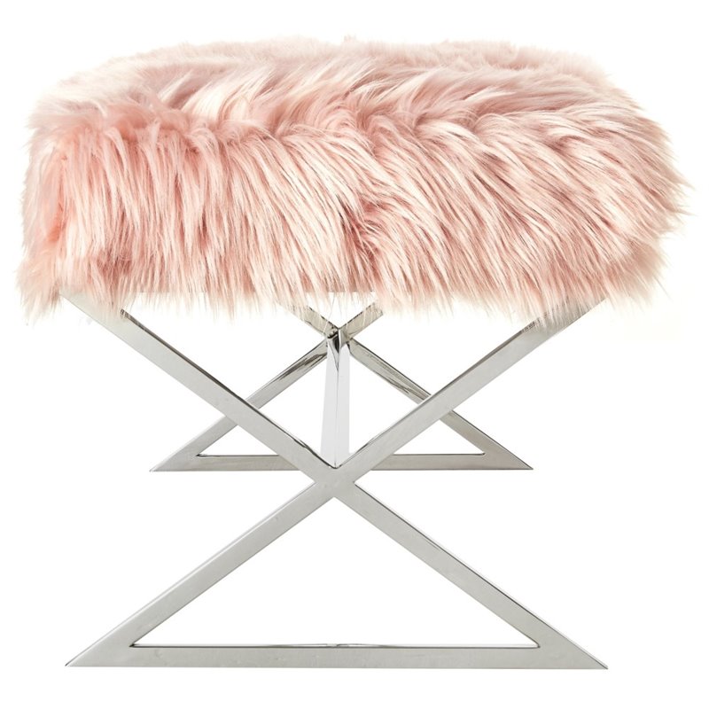 Posh Colin Fur Fabric Upholstered Bench with Stainless Steel Legs - Pink/Chrome