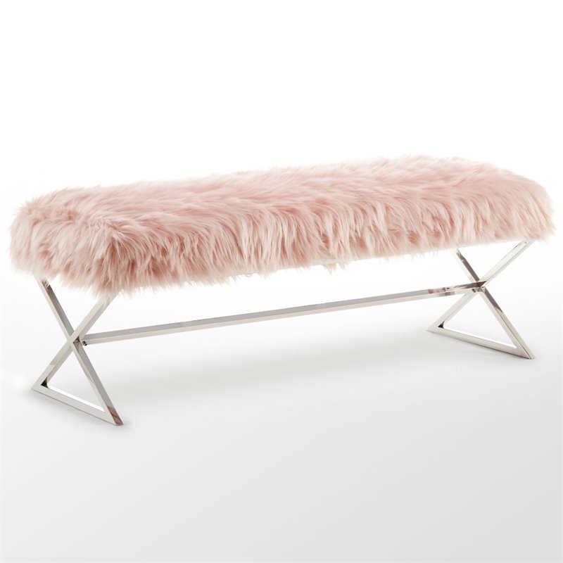 Posh Colin Fur Fabric Upholstered Bench with Stainless Steel Legs - Pink/Chrome