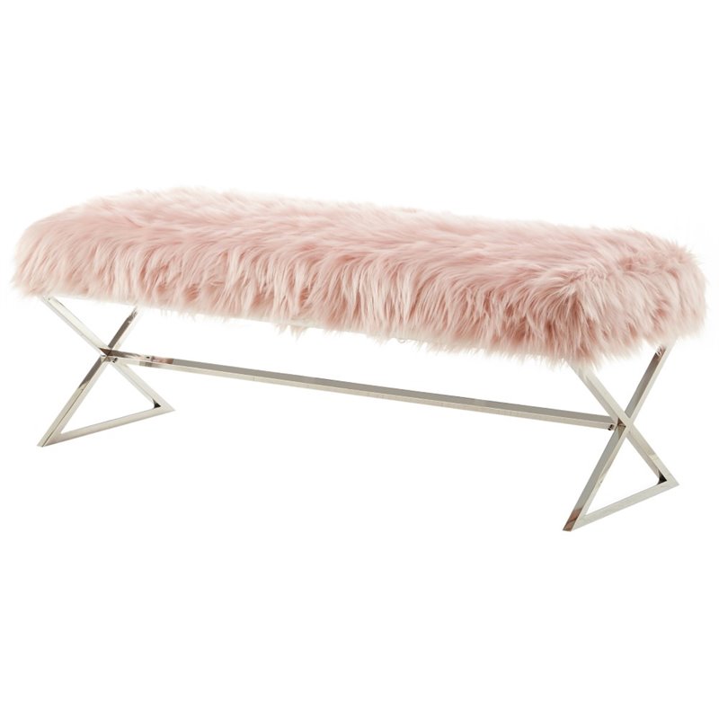 Posh Colin Fur Fabric Upholstered Bench with Stainless Steel Legs - Pink/Chrome