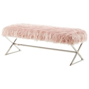 Posh Colin Fur Fabric Upholstered Bench with Stainless Steel Legs - Pink/Chrome