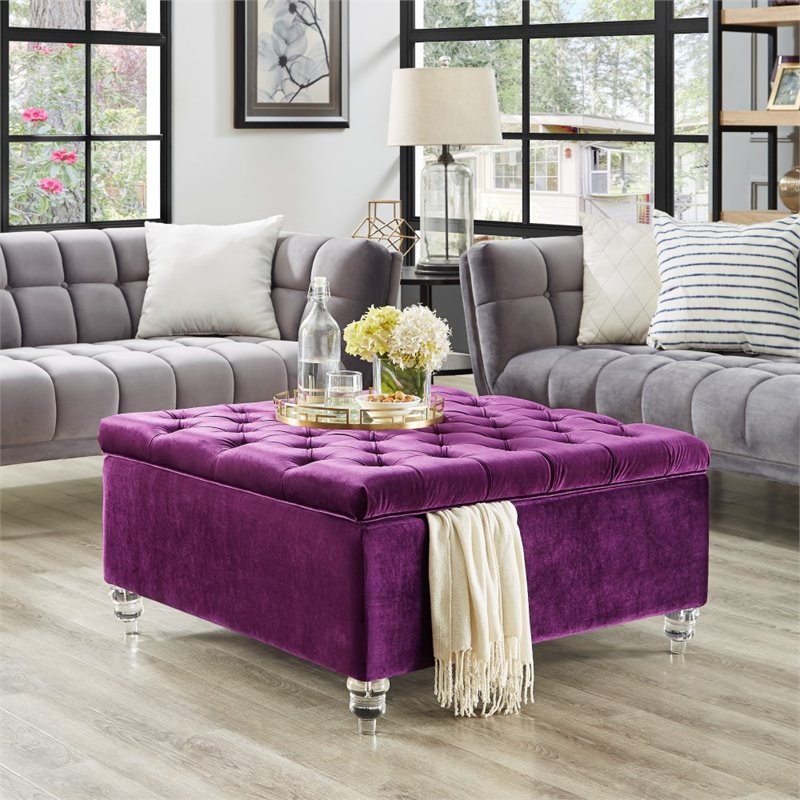 Posh Living Joshua Velvet Square Storage Ottoman with Lucite Legs in Purple