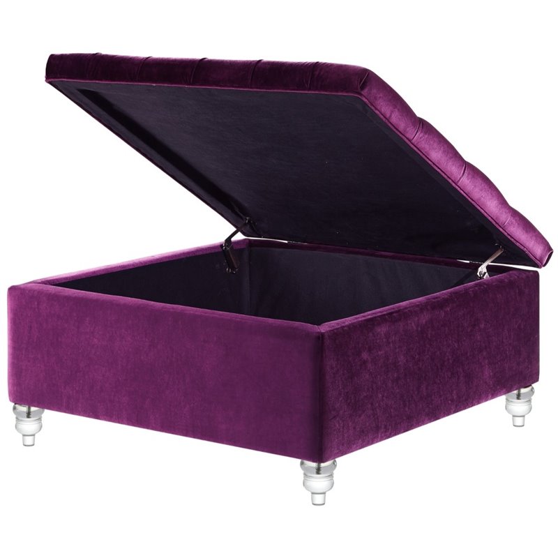Posh Living Joshua Velvet Square Storage Ottoman with Lucite Legs in Purple