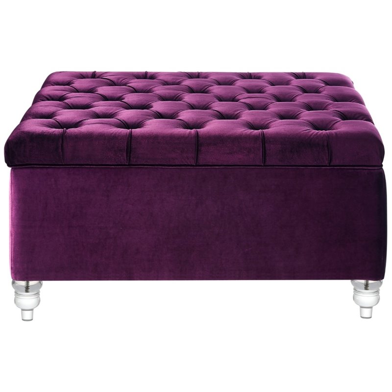 Posh Living Joshua Velvet Square Storage Ottoman with Lucite Legs in Purple