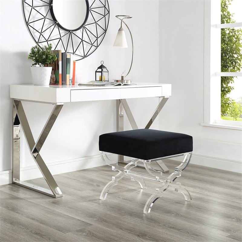 Posh Living Brayden Velvet Upholstered Ottoman with Acrylic X-Legs in Black