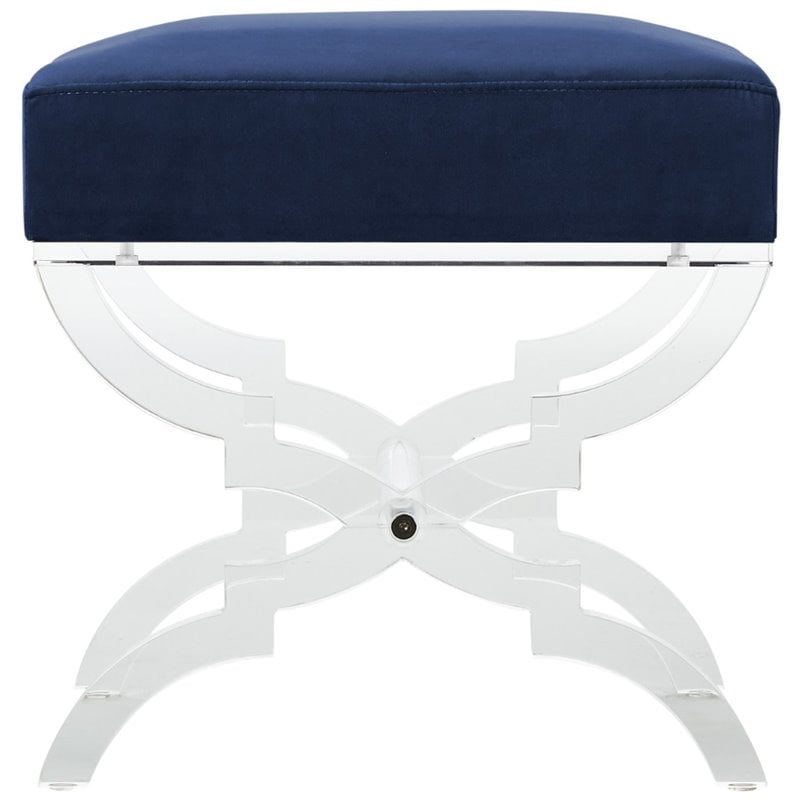 Posh Living Brayden Velvet Upholstered Ottoman with Acrylic X-Legs in Navy