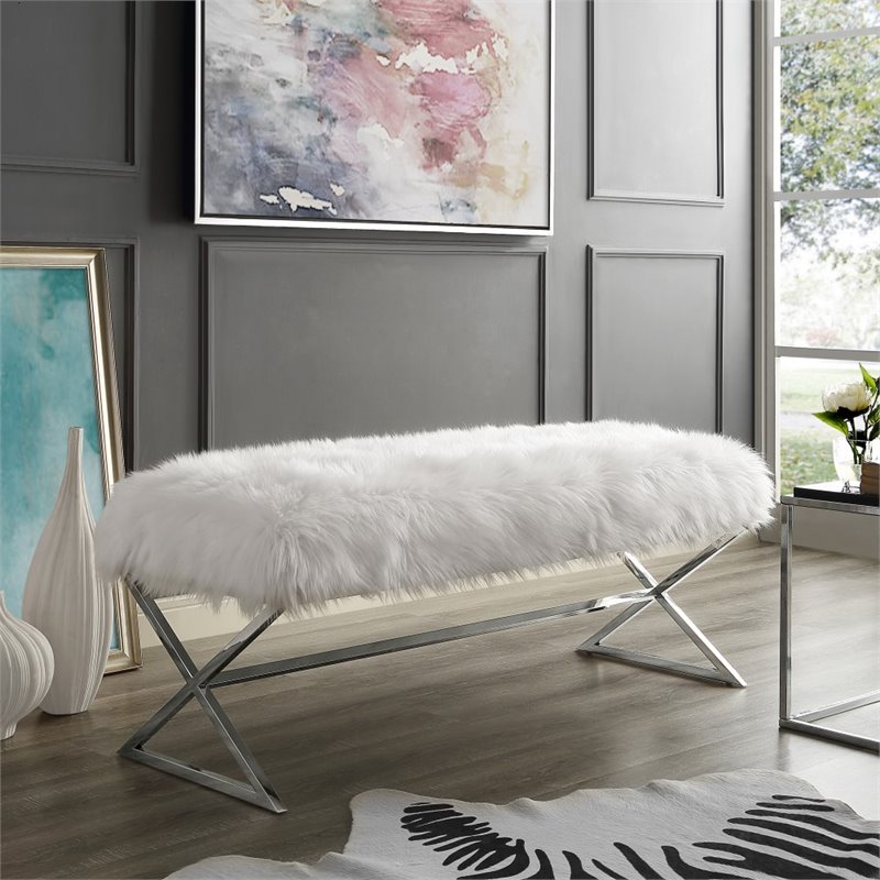 Posh Colin Fur Fabric Upholstered Bench with Stainless Steel Legs - White/Chrome