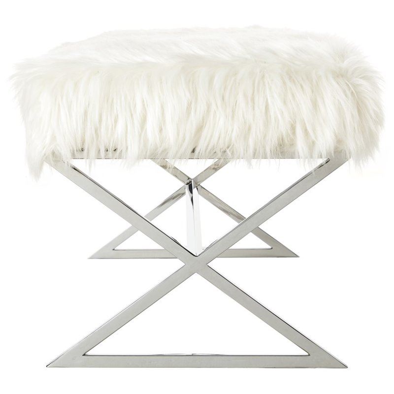 Posh Colin Fur Fabric Upholstered Bench with Stainless Steel Legs - White/Chrome