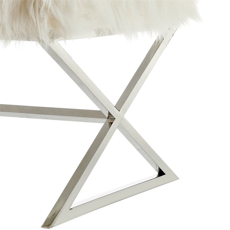 Posh Colin Fur Fabric Upholstered Bench with Stainless Steel Legs - White/Chrome