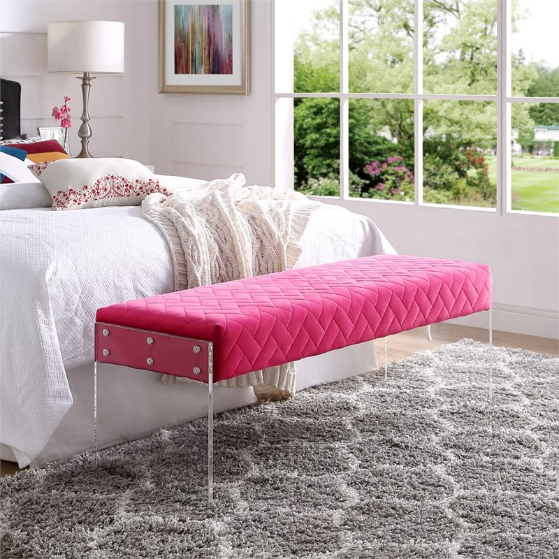 Posh Living Asher Velvet Upholstered Bench with Clear Acrylic Sides in Fuchsia