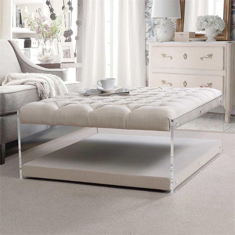 Posh Living Courtney Linen Fabric Cocktail Ottoman with Nailhead in Cream/White