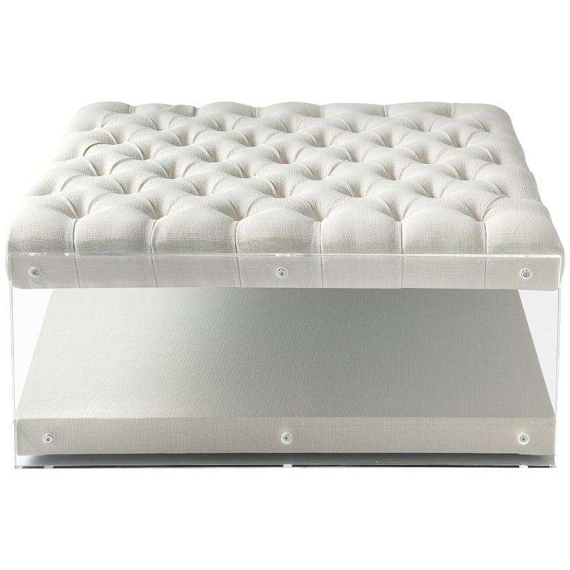 Posh Living Courtney Linen Fabric Cocktail Ottoman with Nailhead in Cream/White