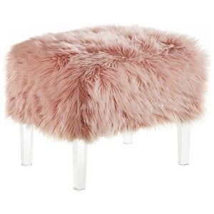 Posh Living Charlie Modern Faux Fur Fabric Ottoman with Acrylic Legs in Pink