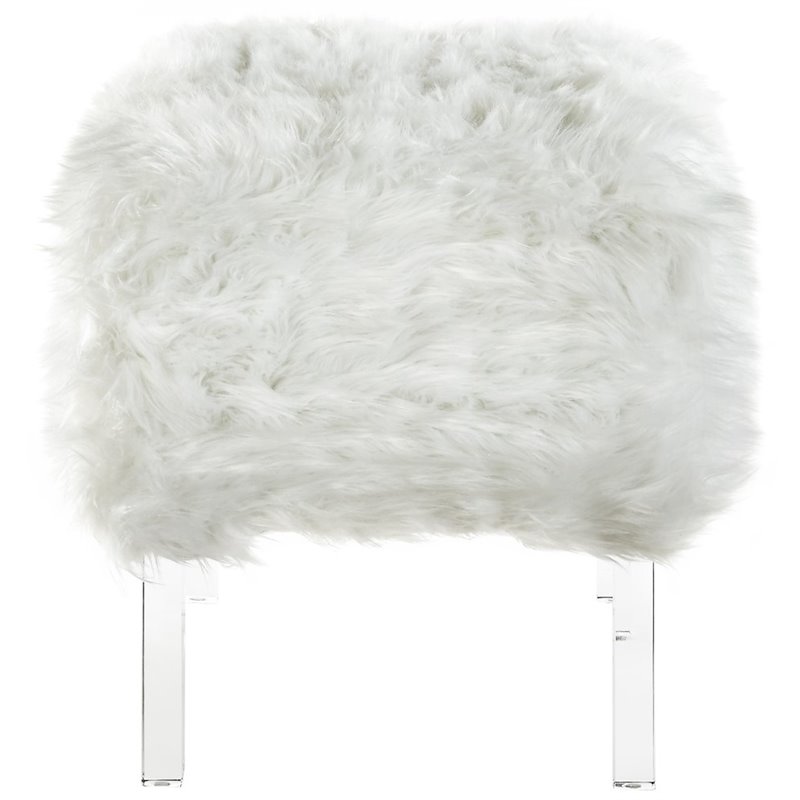 Posh Living Charlie Modern Faux Fur Fabric Ottoman with Acrylic Legs in White