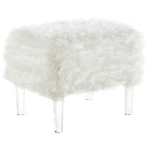 Posh Living Charlie Modern Faux Fur Fabric Ottoman with Acrylic Legs in White