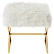 Posh Colin Faux Fur Fabric Ottoman with Stainless Steel X-Legs in White/Gold