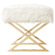 Posh Colin Faux Fur Fabric Ottoman with Stainless Steel X-Legs in White/Gold