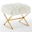 Posh Colin Faux Fur Fabric Ottoman with Stainless Steel X-Legs in White/Gold