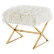 Posh Colin Faux Fur Fabric Ottoman with Stainless Steel X-Legs in White/Gold
