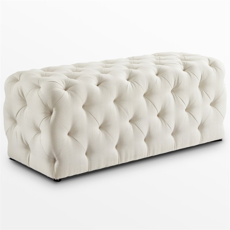 Posh Living Brice Modern Button-Tufted Linen Fabric Bench in Cream/White