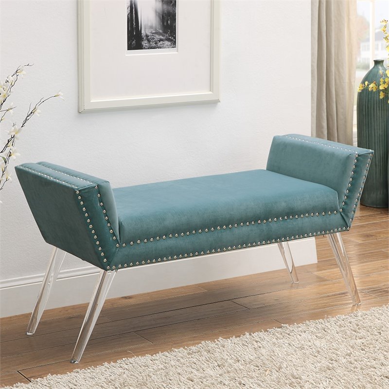 Posh Living Katherine Velvet Upholstered Bench with Acrylic Legs in Slate Blue