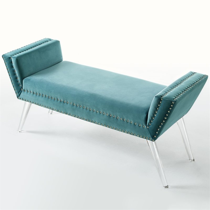 Posh Living Katherine Velvet Upholstered Bench with Acrylic Legs in Slate Blue