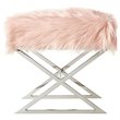 Posh Colin Faux Fur Fabric Ottoman with Stainless Steel X-Legs in Rose/Chrome