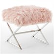 Posh Colin Faux Fur Fabric Ottoman with Stainless Steel X-Legs in Rose/Chrome