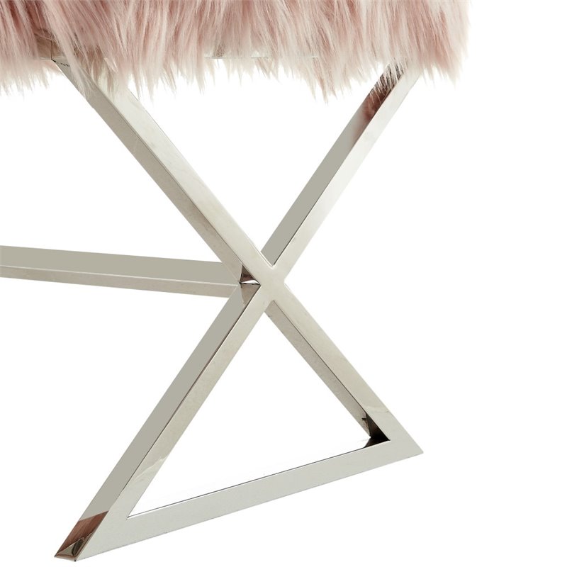 Posh Colin Faux Fur Fabric Ottoman with Stainless Steel X-Legs in Rose/Chrome