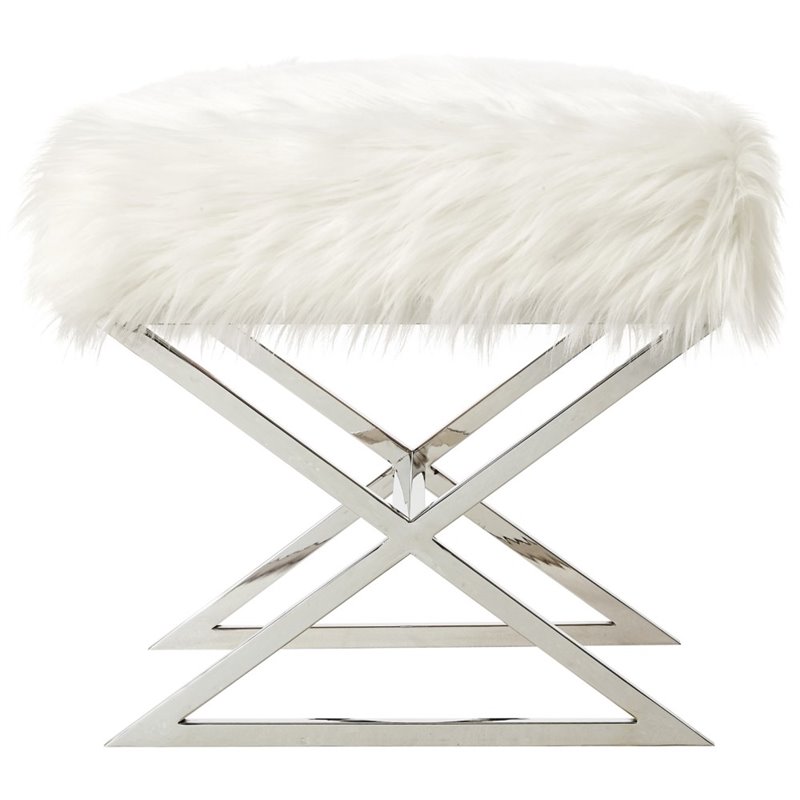 Posh Colin Faux Fur Fabric Ottoman with Stainless Steel X-Legs in White/Chrome
